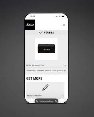 A smartphone screen displays a Marshall website page confirming a product as verified, with a photo of a Marshall speaker and options for more information and registration.