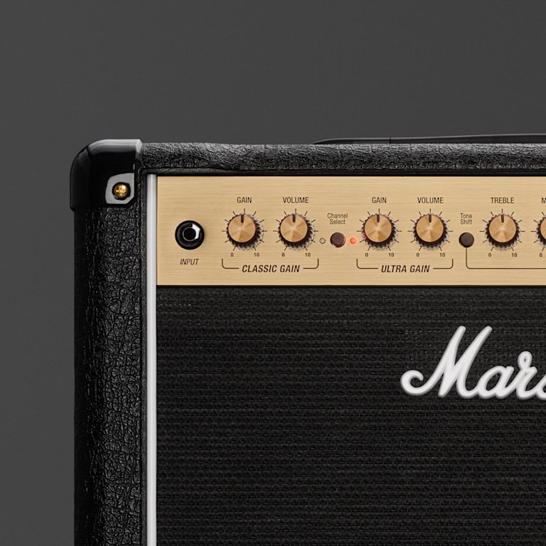 Marshall DSL20C zoomed in on the top left corner with grey background
