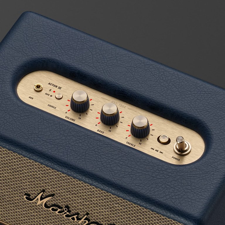 Close-up of the Marshall Acton III Midnight Blue Bluetooth speaker’s control panel.