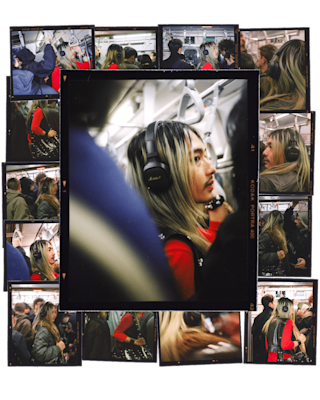 Person in train shown from multiple angles in a collage wearing Milton