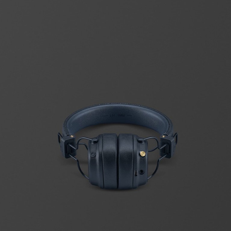 A pair of Marshall Major V Midnight Blue over-ear Bluetooth headphones with a padded headband, shown against a plain dark background.