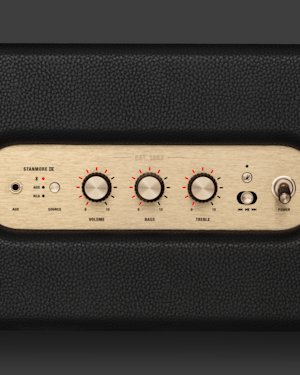 Close-up of a black speaker control panel featuring gold dials for volume, bass, and treble, with labeled input and power buttons.