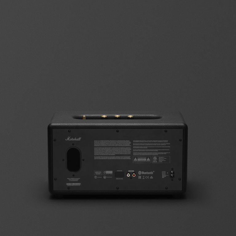 A black Marshall Stanmore II Bluetooth speaker on a grey background.