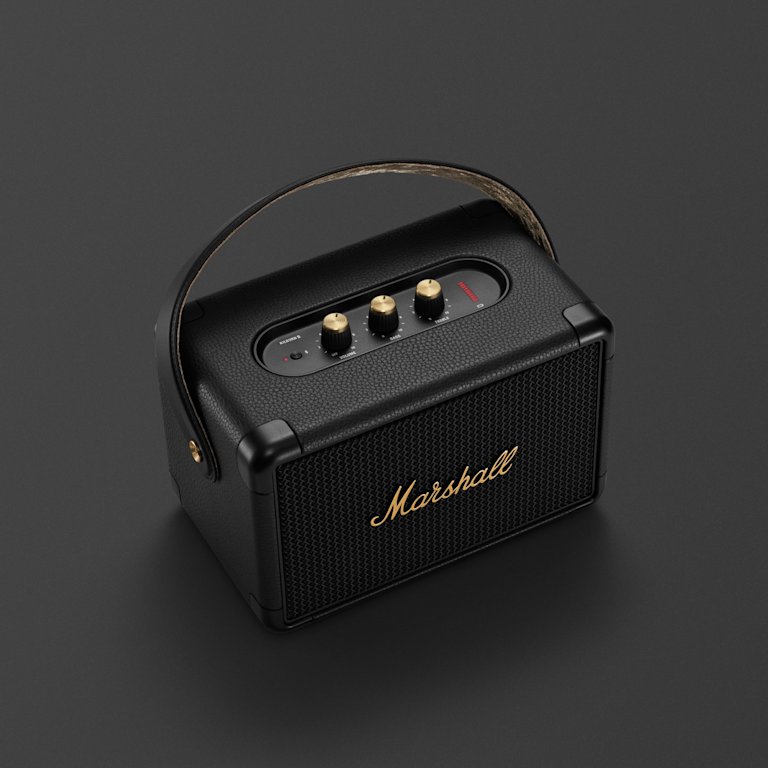 The Marshall KILBURN II BLACK AND BRASS is a portable speaker with Bluetooth capabilities.