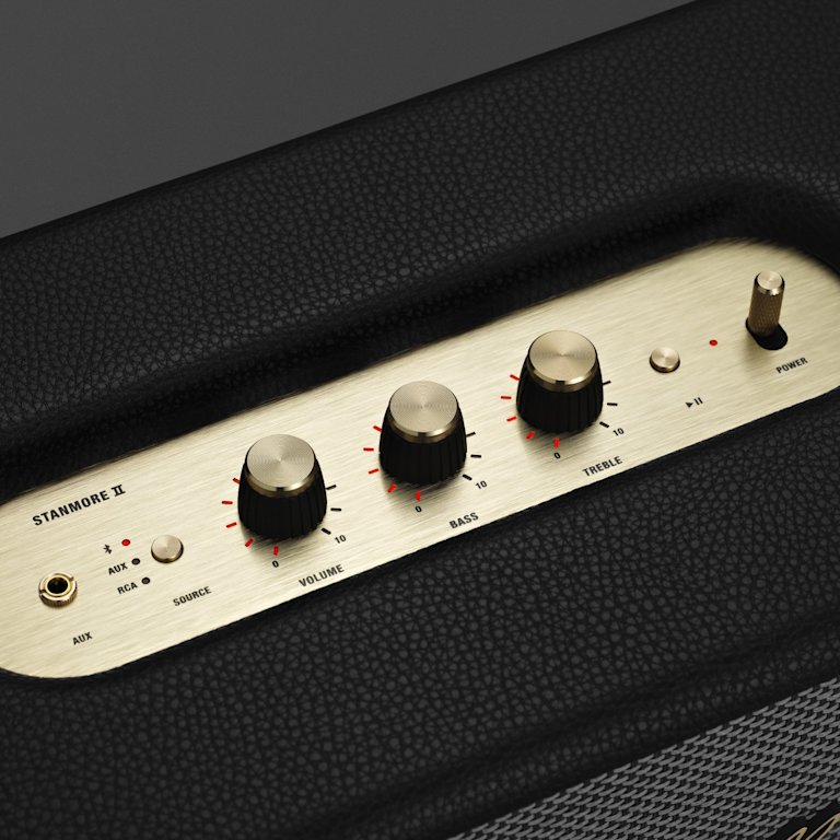A close up of a black Marshall Stanmore II Bluetooth black speaker.