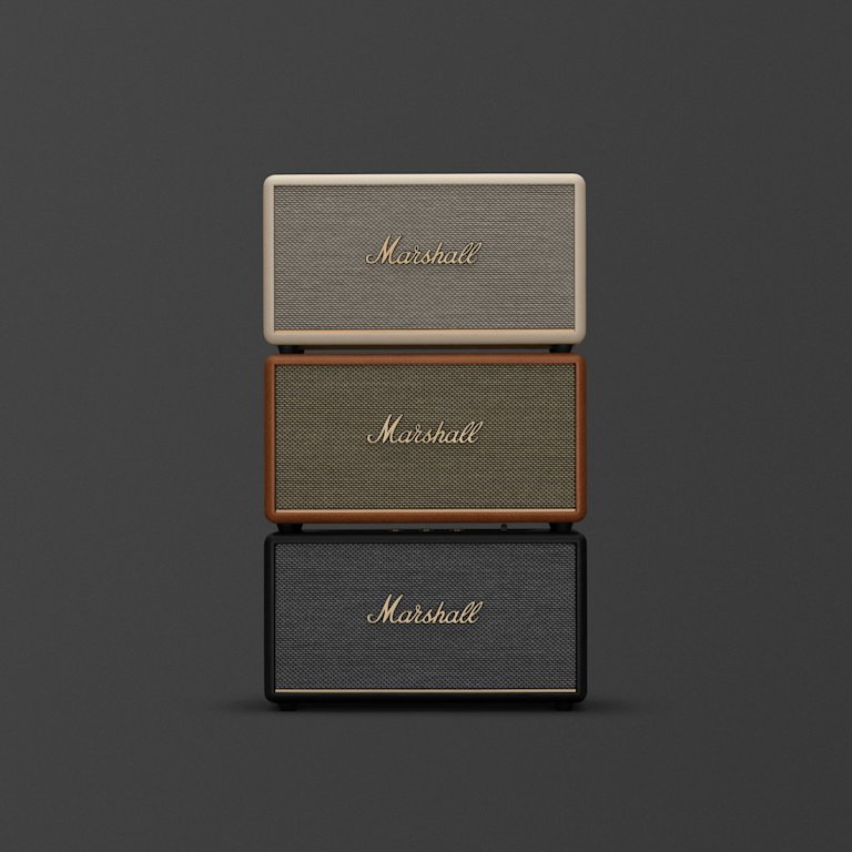 Three Marshall Stanmore III Brown, Black and Cream speakers stacked on top of each other.