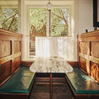 A marble table in the F&F Restaurant.