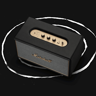Top side view of Marshall Acton IV Black speaker with gold control knobs.
