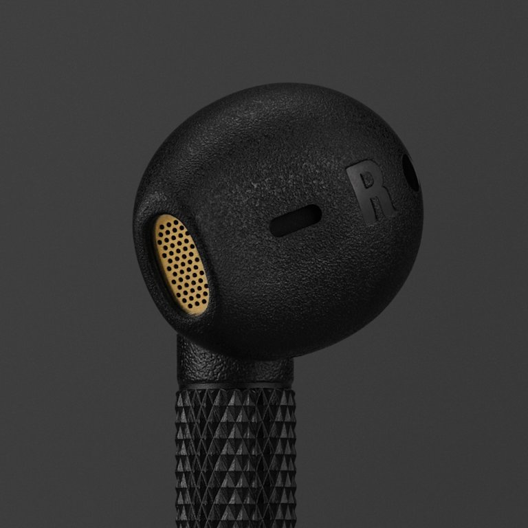 Marshall Minor IV Black right true wireless earbud with gold details.