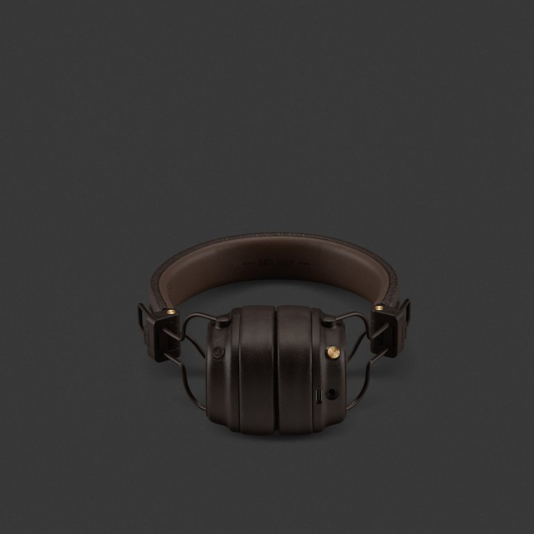 A pair of Major V Brown Marshall on-ear headphones displayed against a dark background.