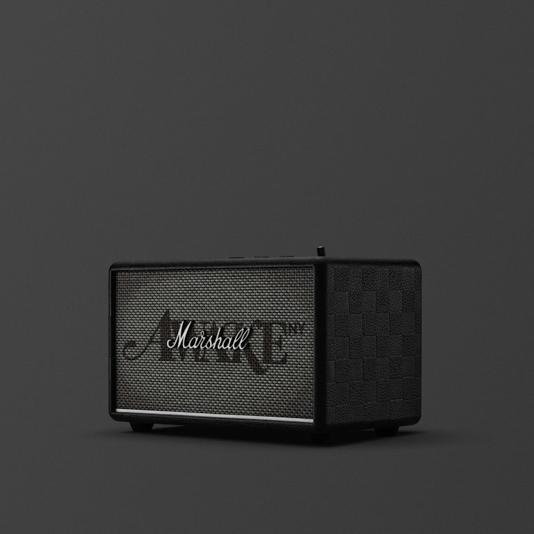 Marshall Acton III Awake NY Edition bluetooth speaker showcases its black color with a checkered pattern.