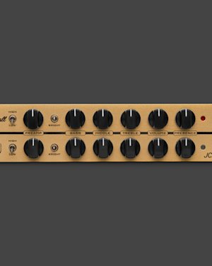 Gold guitar amplifier control panel with black knobs labeled preamp, bass, middle, treble, volume, presence, and switches for high/low and bright, set against a gray background.