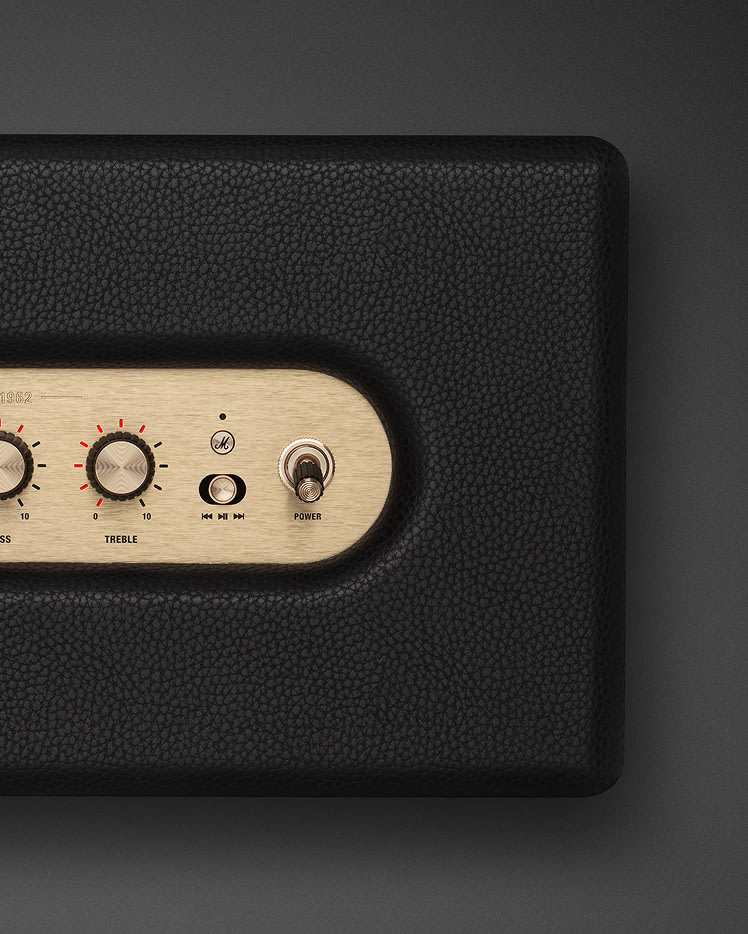 Top right view of Marshall Stanmore IV Black Bluetooth speaker.
