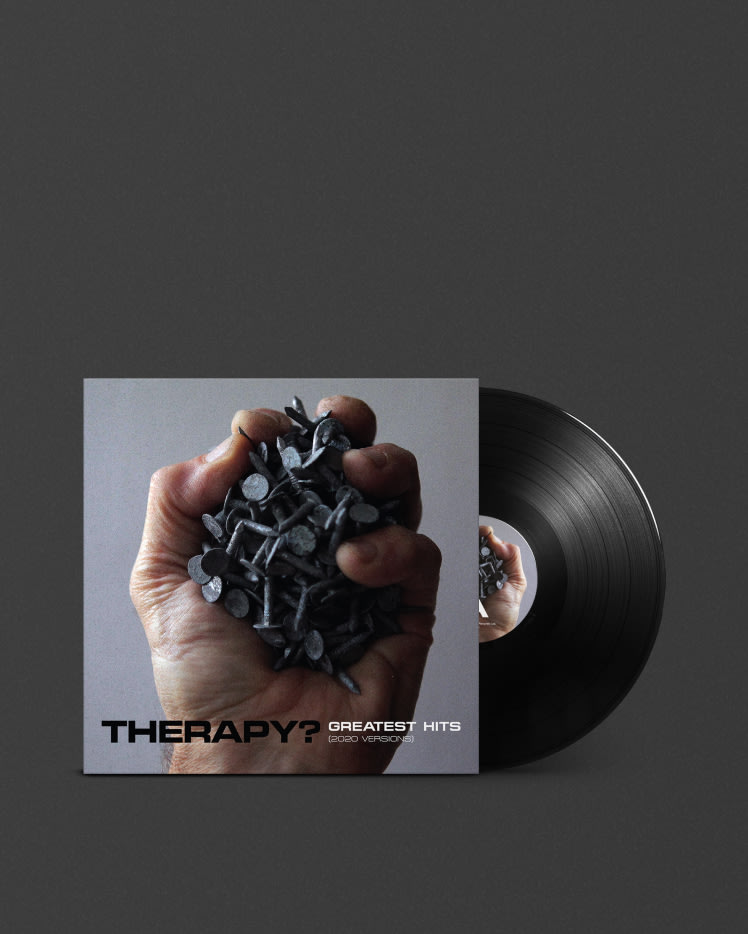 A black vinyl LP with the words "PDP GREATEST HITS (2020 VERSIONS), THERAPY?" on it, by Marshall.