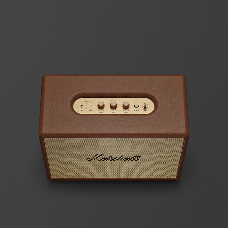 Top view of Marshall Woburn III Brown home speaker , featuring a brown leather-like casing, and a gold top panel with control knobs and buttons.