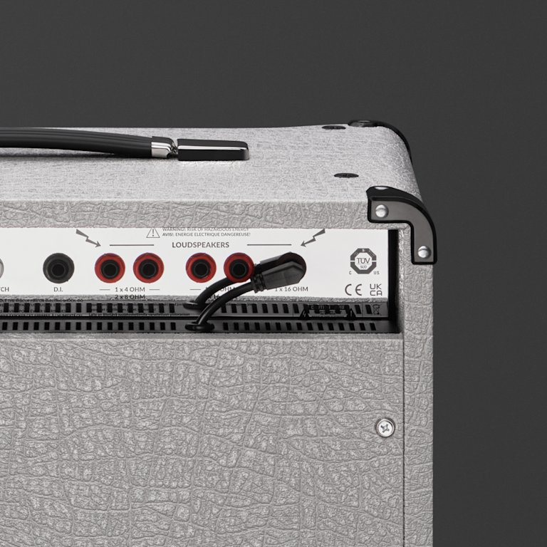 A close up of a Marshall 2525C guitar amplifier on a grey background.