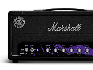 Close-up of a JMH Studio Head with silver Marshall logo, control knobs, and a round "Jimi Hendrix" badge on the upper left corner.