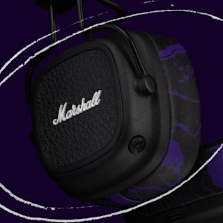 Close-up of a Major V Hendrix Edition headphone with a textured ear cup and purple marbled pattern.