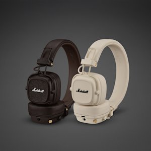 The Marshall Major V Brown and Major V Cream headphones next to each other.