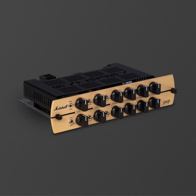 The control knobs of the Marshall JMP Synergy Preamp Module in a black background