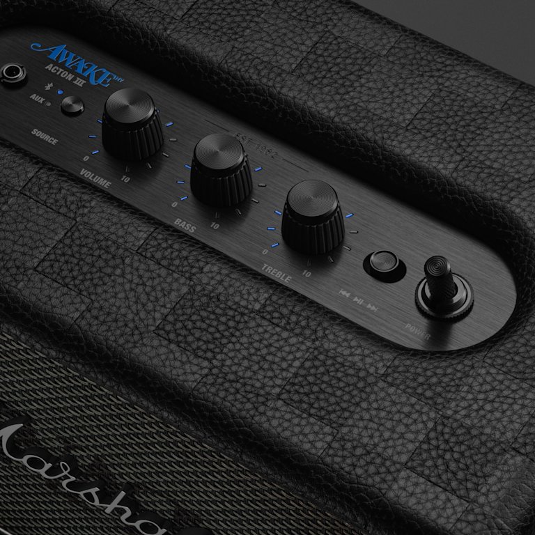 Close-up of the Marshall Acton III Awake NY Edition's control panel in black, featuring volume, bass, and treble knobs.