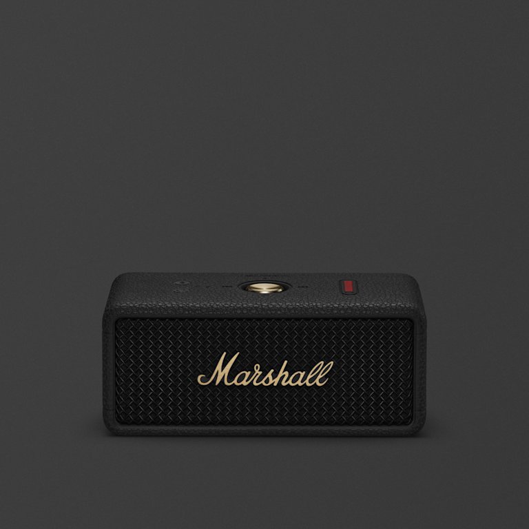 Front view of Marshall Emberton III Black and Brass portable Bluetooth speaker.