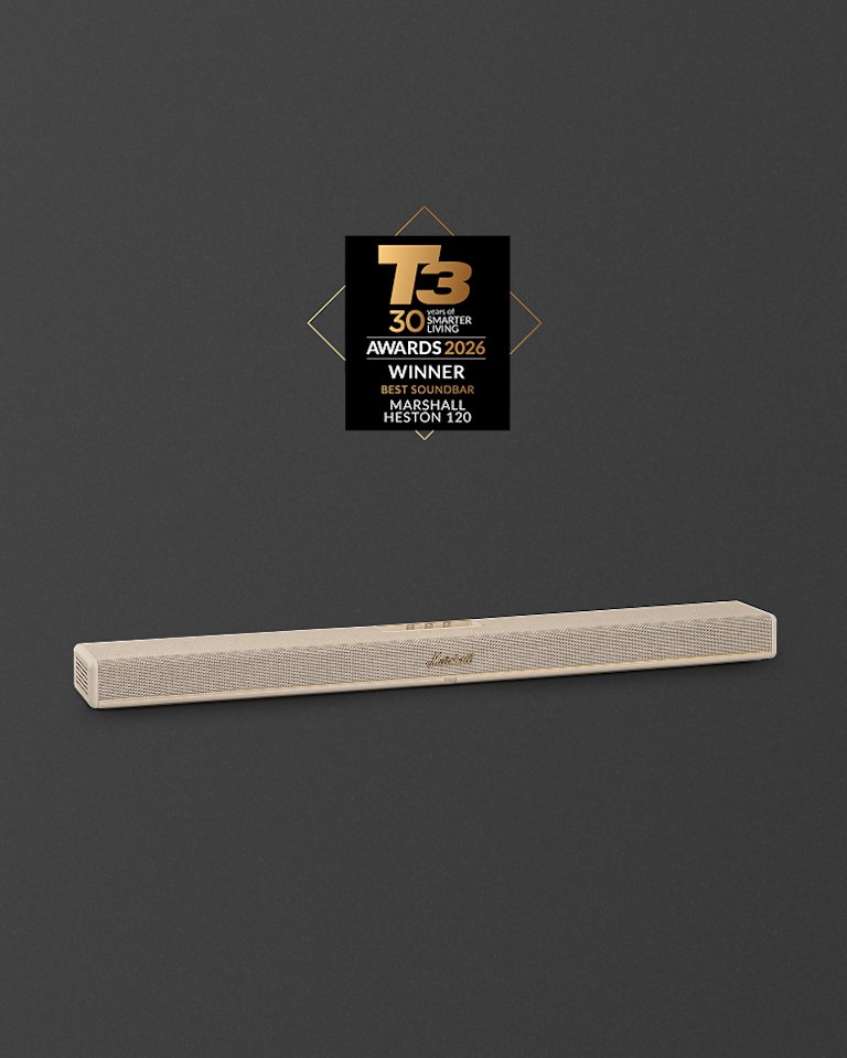 Barra de sonido Marshall Heston 120 Cream, debajo de una insignia de ganadora del premio T3 Awards 2026 a la mejor barra de sonido.