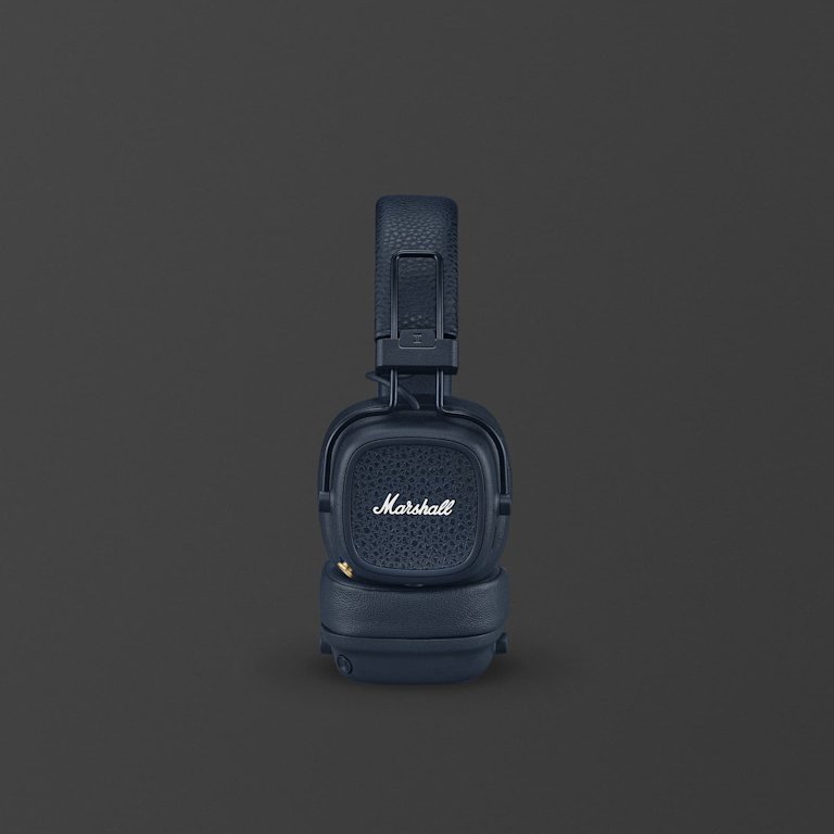 Marshall Major V Midnight Blue bluetooth headphones, shown folded with the brand logo visible, are set against a plain dark background.