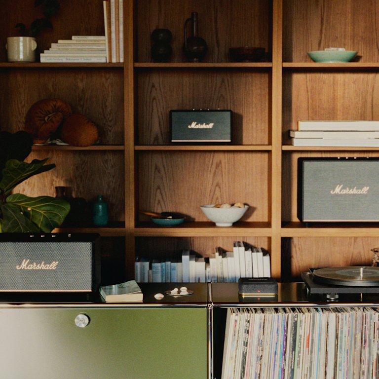 Wooden shelves with books, bowls, Marshall speakers and Heddon above a cabinet holding a record player and a large collection of vinyl records.