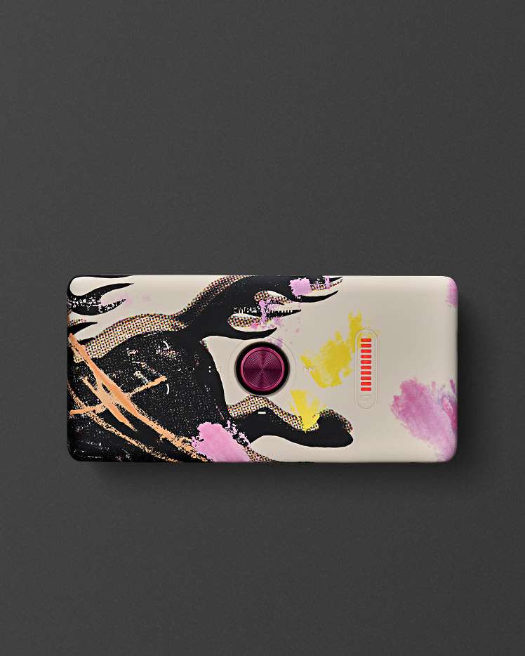 Top view of Emberton III Lunar New Year Edition 2026 with abstract black, pink, and yellow patterns, a central purple knob, and a vertical red indicator on a gray background.