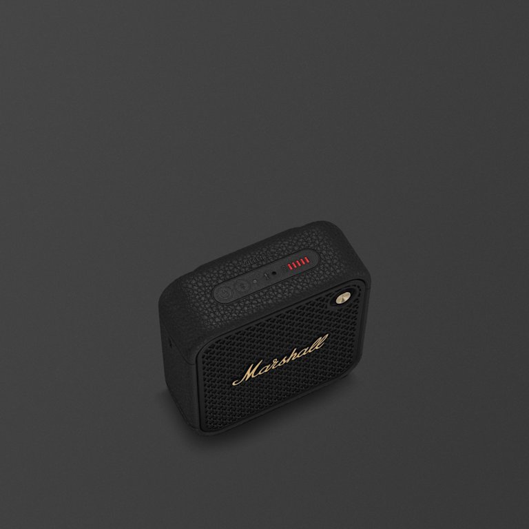 Marshall Willen II Black and Brass portable Bluetooth speaker featuring a control panel with buttons and a red LED power indicator on top.
