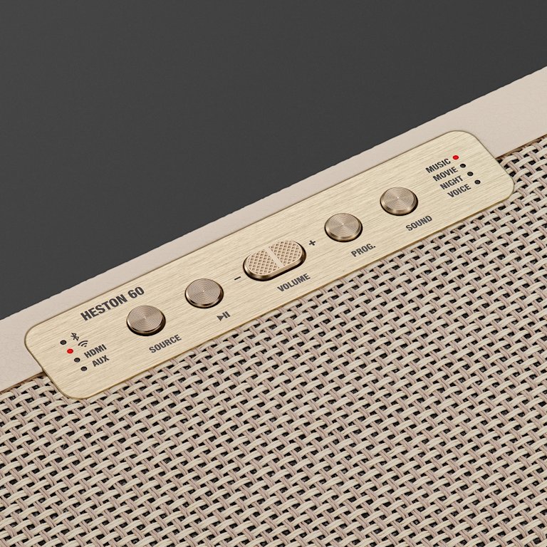 Close-up of the control panel on the Marshall Heston 60 Cream soundbar, showing beige and gold buttons and knobs labeled for volume, source, pairing, and sound modes.