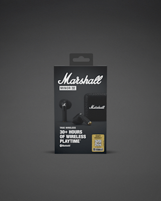 Marshall Minor IV wireless earbuds packaging featuring earbuds, charging case, and text highlighting 30+ hours of wireless playtime, Bluetooth compatibility, and QR code on black background.