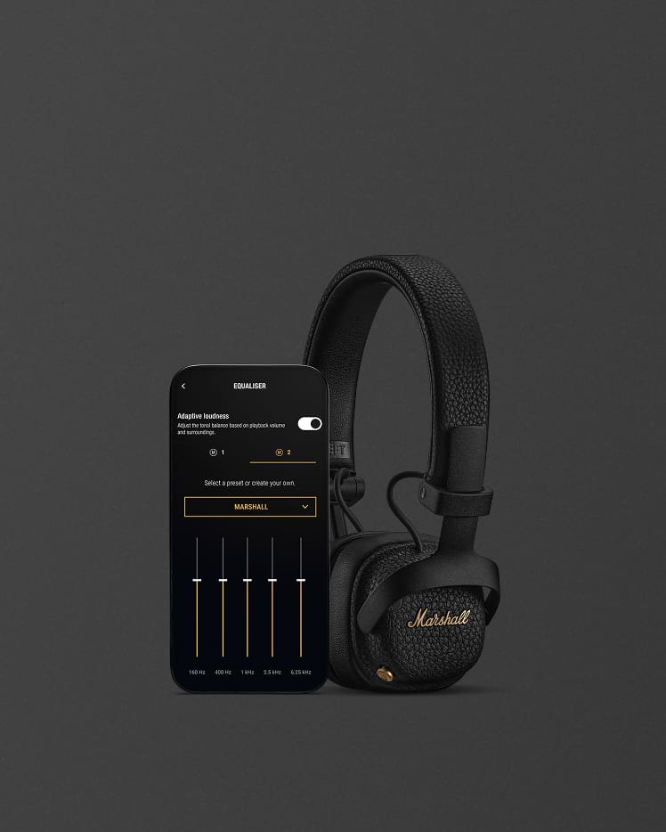 Milton A.N.C. Black shown next to a smartphone displaying an equalizer app interface with adjustable sound settings on a dark background.