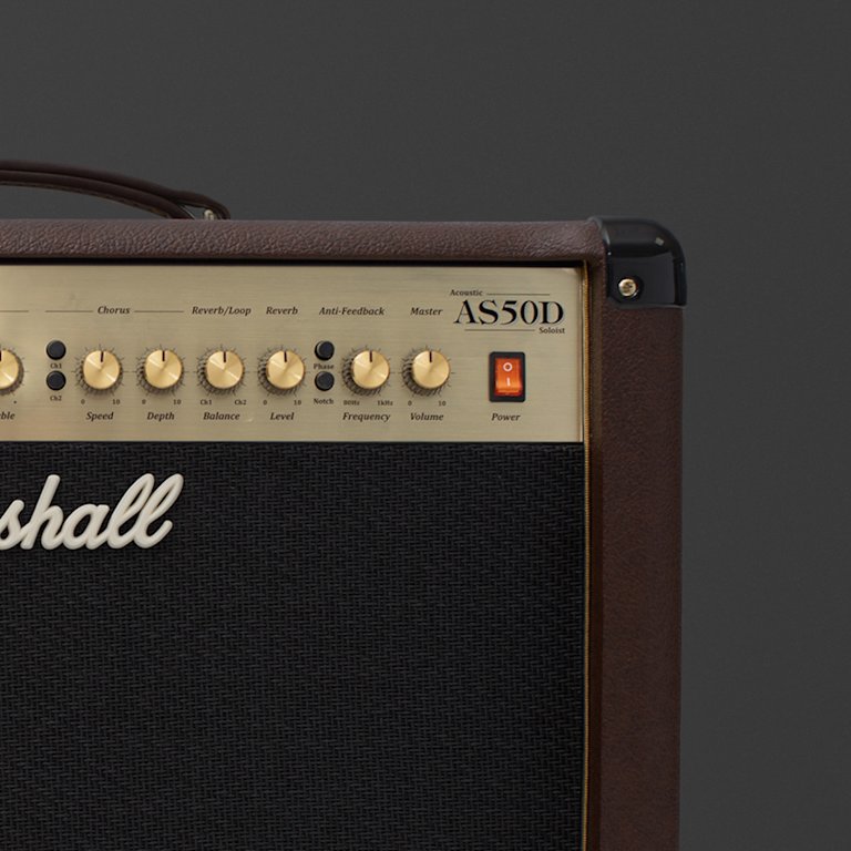 Marshall's black AS50D combo with gold knobs and brown leather details.