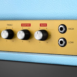 Close-up of the 1959 BJA guitar amplifier control panel showing treble, master, and gain knobs, plus high and low input jacks on a blue and gold surface.