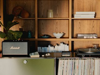 Home setting with shelf and books in the back.