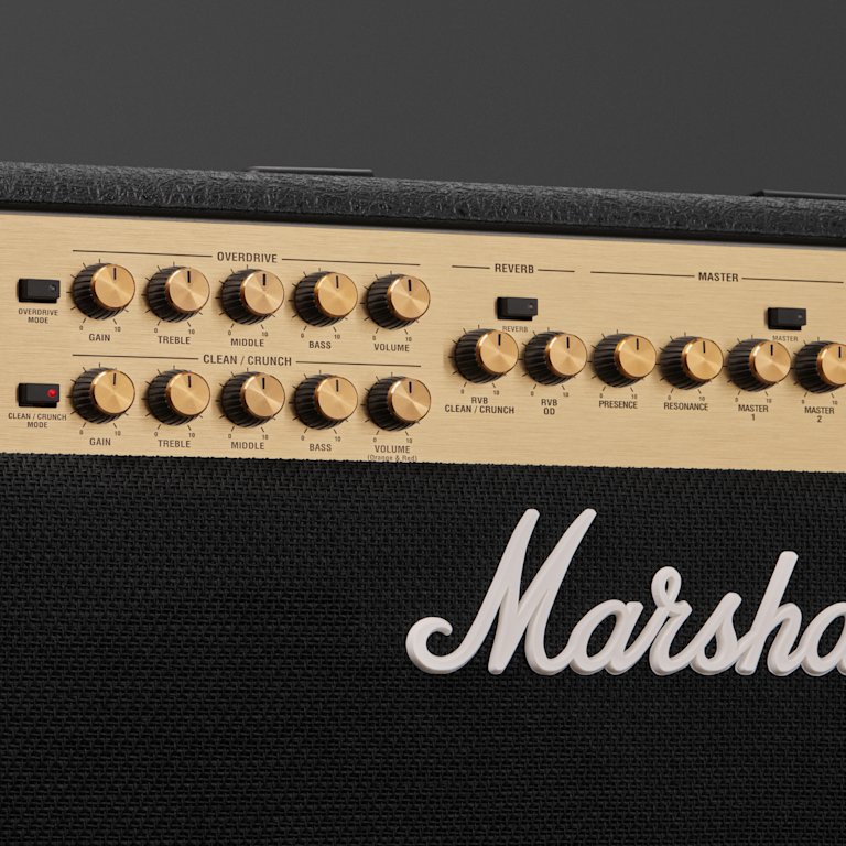 Fron of Marshall JVM210C in gold an black zoomed in