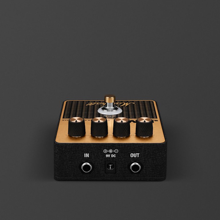 The front input and output of the Marshall JVM Overdrive pedal.