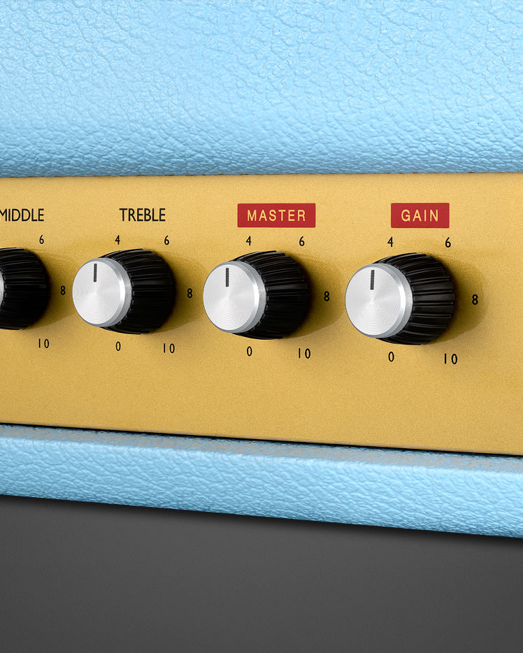 Close-up of control knobs of 1959 BJA Artist Signature head.