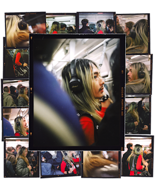 Person in train shown from multiple angles in a image collage wearing Milton