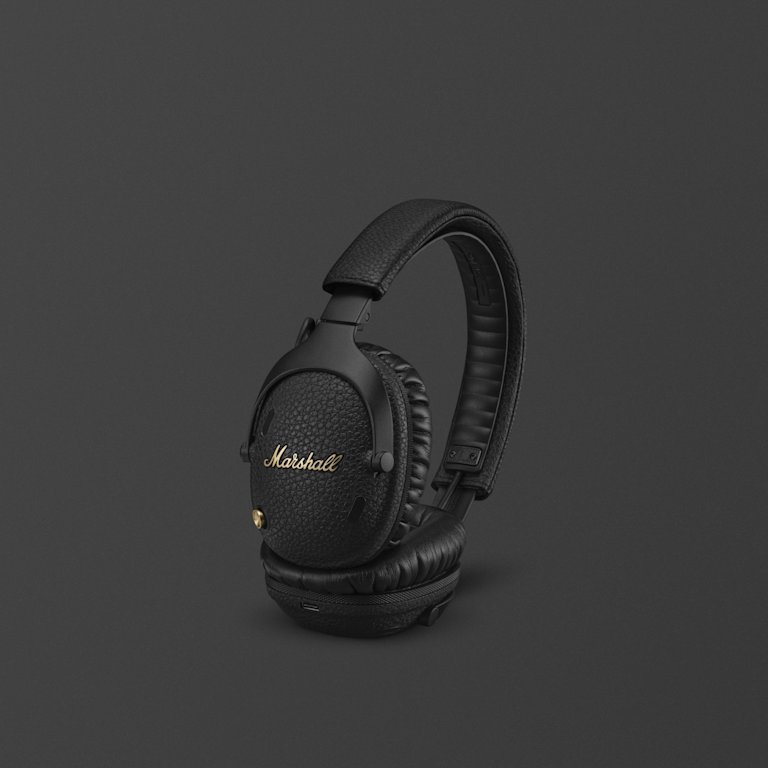 Marshall Monitor III A.N.C. Black bluetooth over-ear headphones, featuring an adjustable headband, set against a dark gray background.