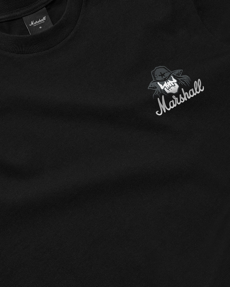 Close-up of a Stax Reissue T-shirt Black with visible stitching and a small black label that reads "Marshall" in white script.