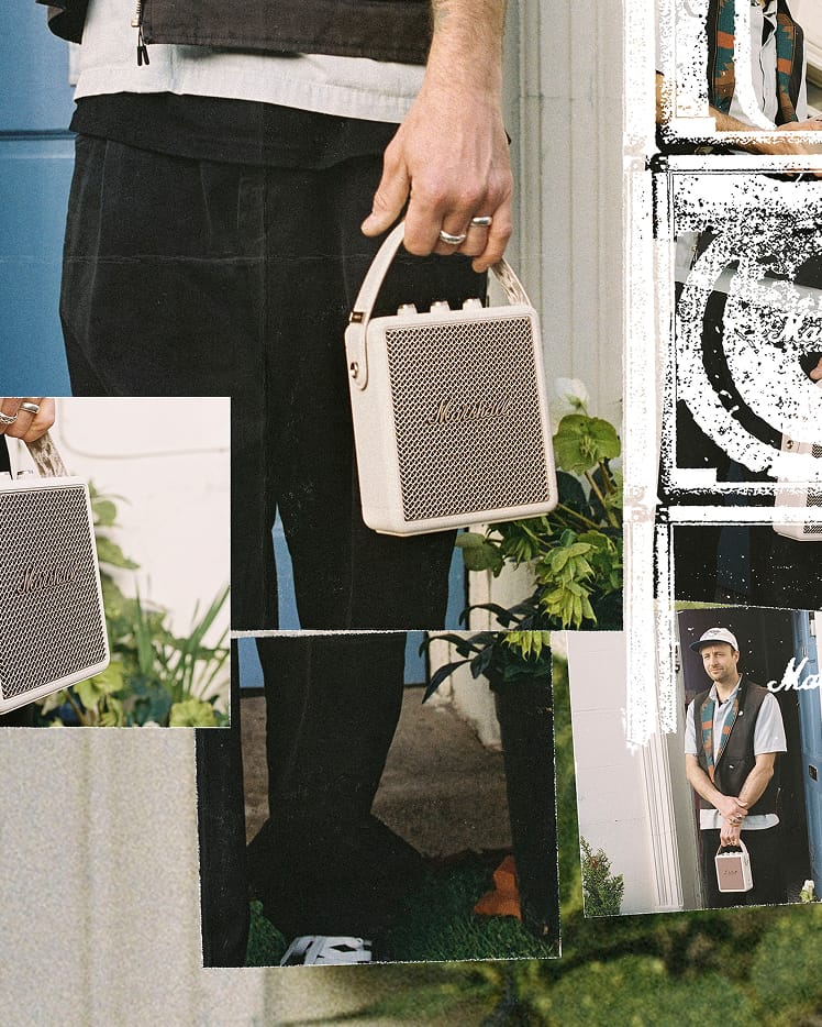 A person carrying Stockwell III Cream / Two people sit at a table with Stockwell III Cream portable speaker and a patterned surface.