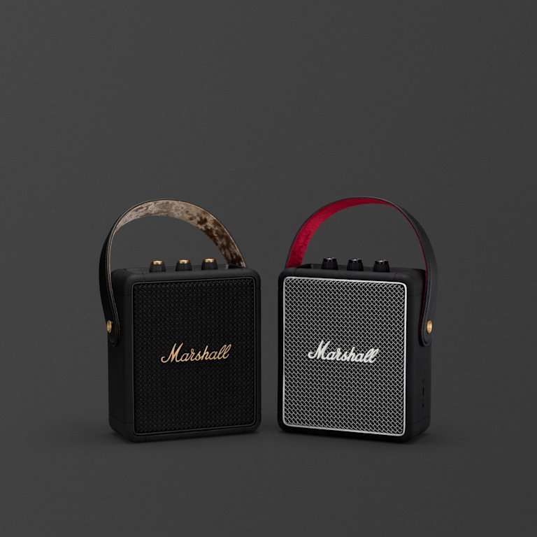 Marshall STOCKWELL II mini portable bluetooth speaker in black and red.