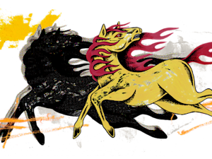 Illustration of a yellow horse with a red and orange flaming mane running, with its black shadow in the background.