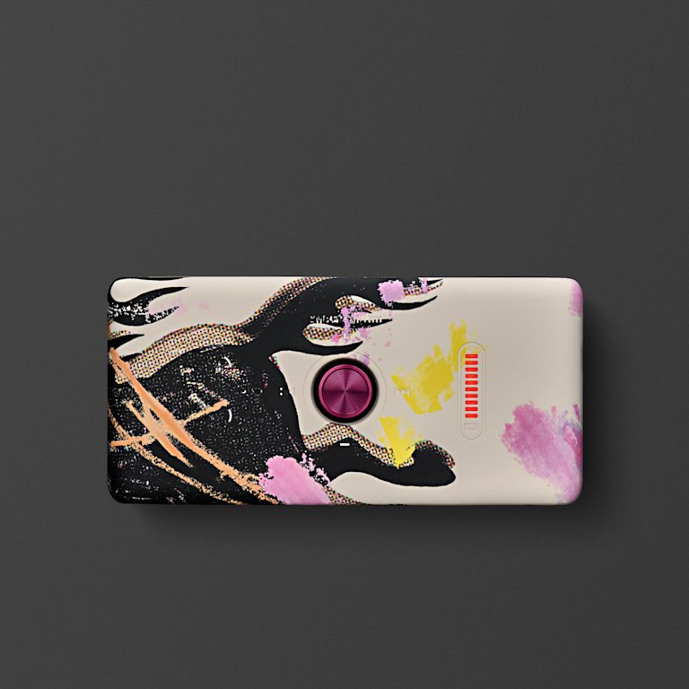 Vista superior del Emberton III Lunar New Year Edition 2026 con motivos abstractos en negro, rosa y amarillo, un pomo central morado y un indicador vertical rojo sobre fondo gris.