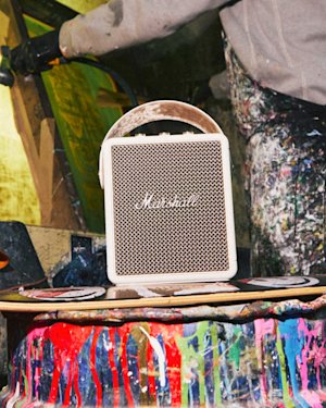 Marshall Stockwell III Cream speaker on a skateboard deck.