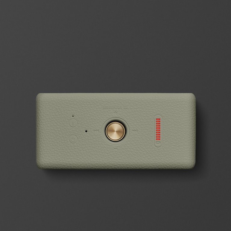 Top view of Marshall Emberton III Sage, featuring a gold knob in the center, a red vertical volume indicator, and two circular buttons set against a dark grey background.