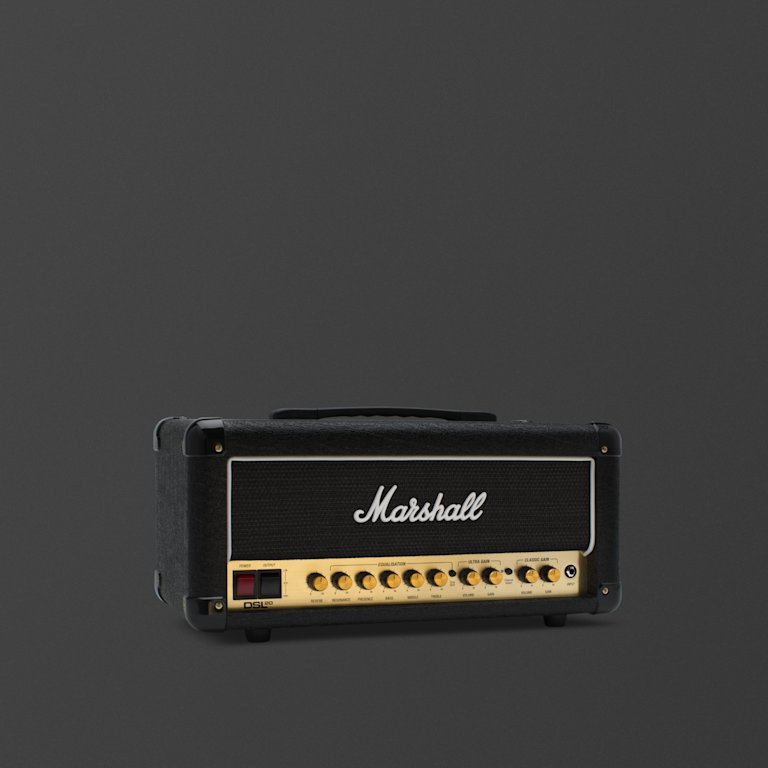 Slightly angled image of the front of the Marshall DSL20 Head amplifier.